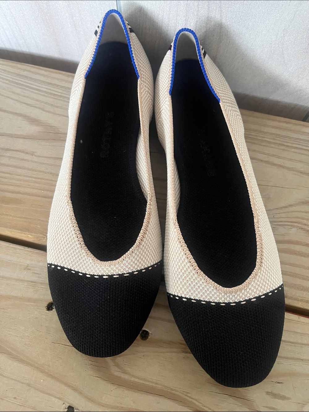 Rothy's Beige and Black Knit Ballet Flats with Blue Trim